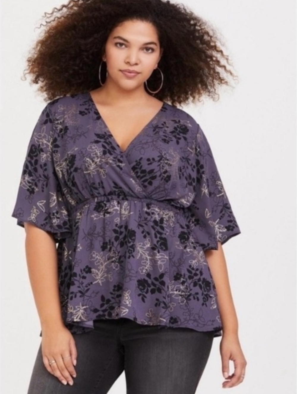 Torrid Purple Floral V-Neck Wrap Peplum Top | Size 4